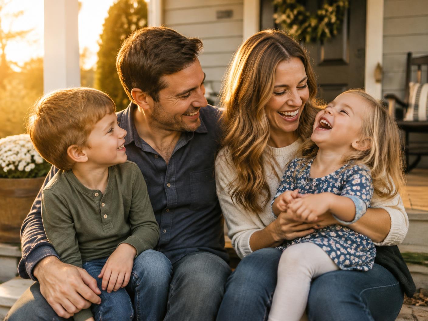 Family laughing together on their front porch